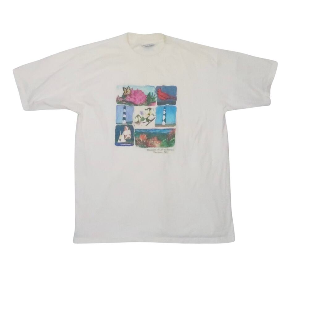 Vintage 90s All Sport Museum of Life and Science NC Cream Graphic Tee L